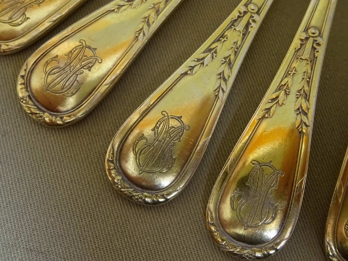 Silversmith Puiforcat, Eleven Small Spoons In Coffee Or Moka Model Louis XVI Style, Silver Minerve And Vermeil-photo-4