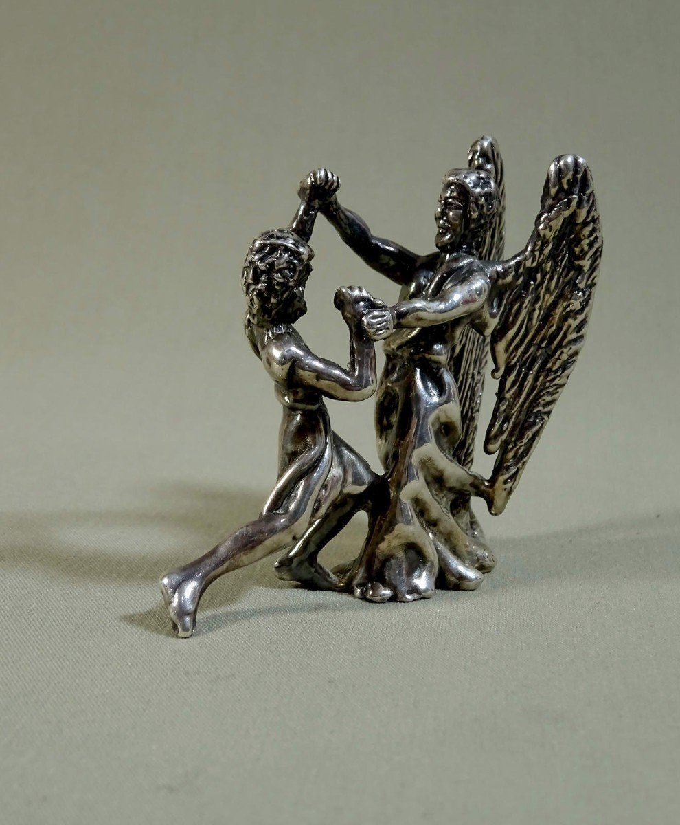 Judaica Sculpture Statuette In Silver, Fight Of Jacob Israel With The Angel, Lost Wax Casting, Possible Work Of The Duchess Of Uzès-photo-2