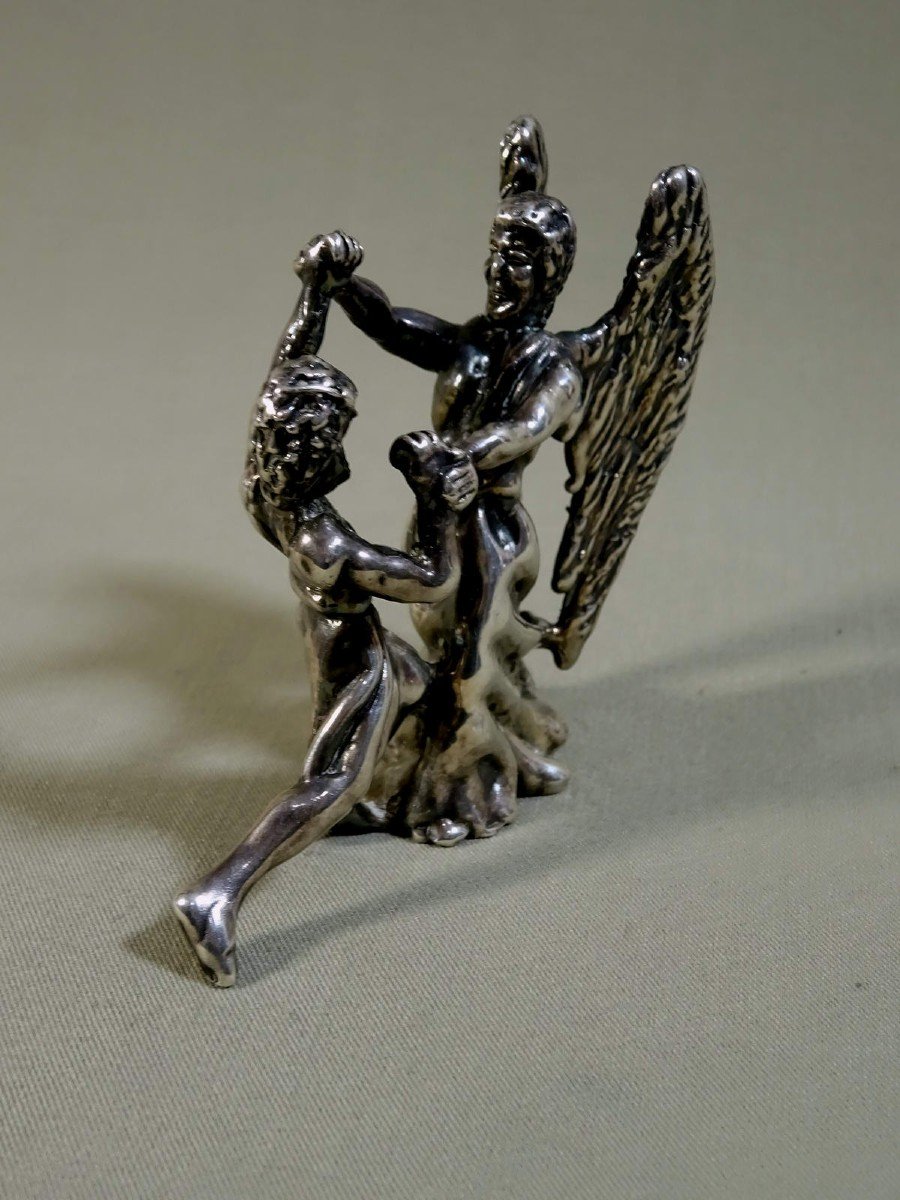 Judaica Sculpture Statuette In Silver, Fight Of Jacob Israel With The Angel, Lost Wax Casting, Possible Work Of The Duchess Of Uzès-photo-3