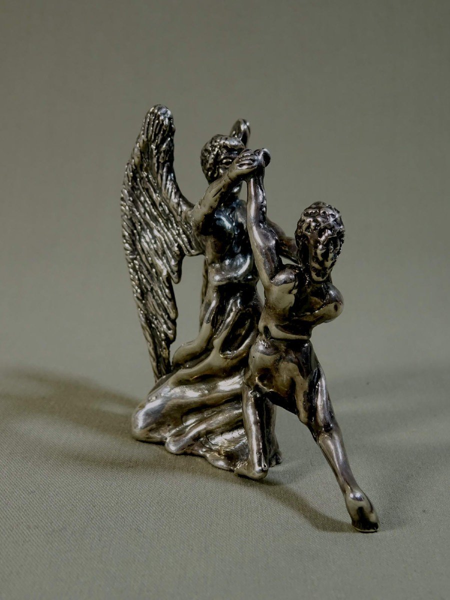 Judaica Sculpture Statuette In Silver, Fight Of Jacob Israel With The Angel, Lost Wax Casting, Possible Work Of The Duchess Of Uzès-photo-4