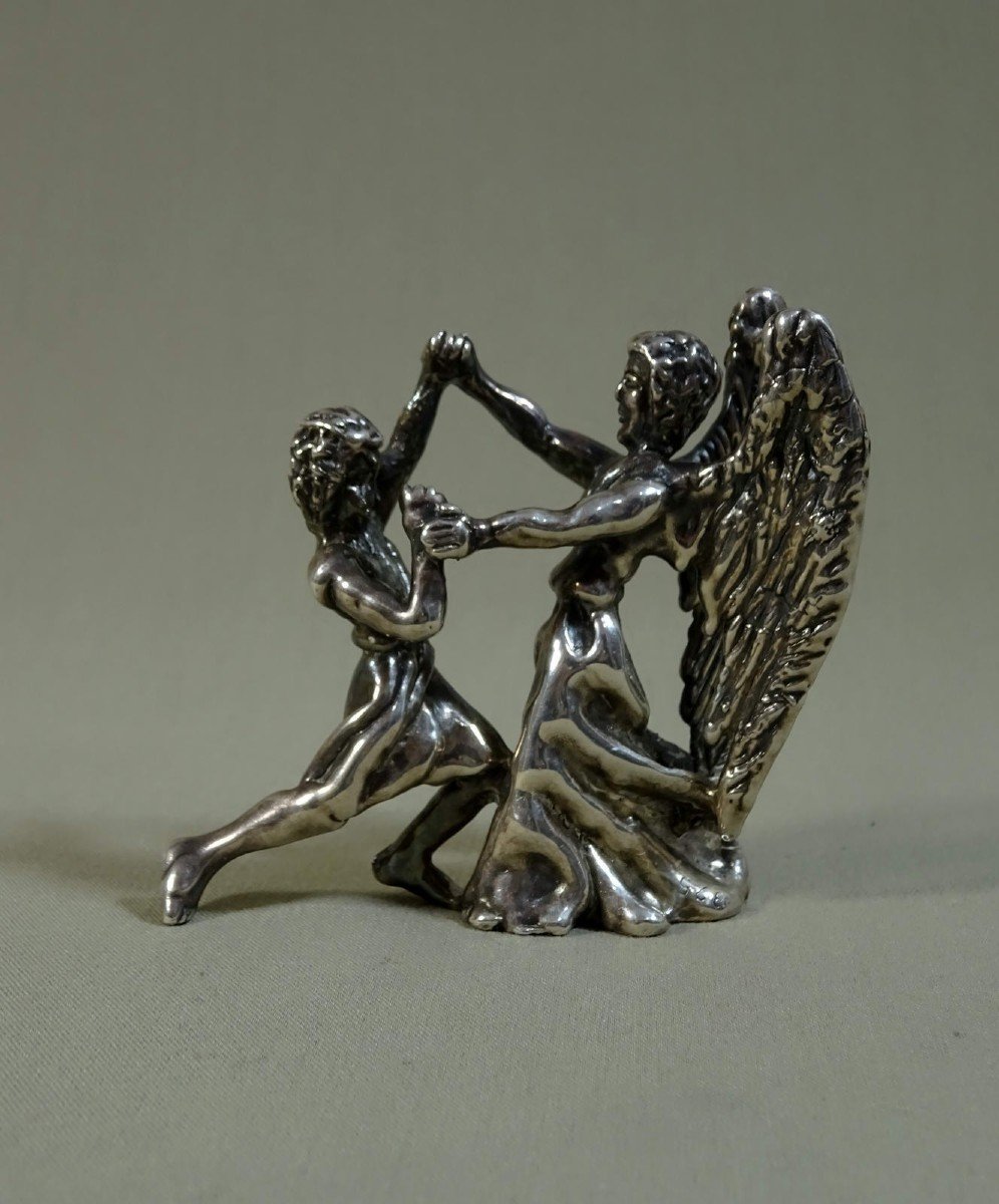 Judaica Sculpture Statuette In Silver, Fight Of Jacob Israel With The Angel, Lost Wax Casting, Possible Work Of The Duchess Of Uzès-photo-1