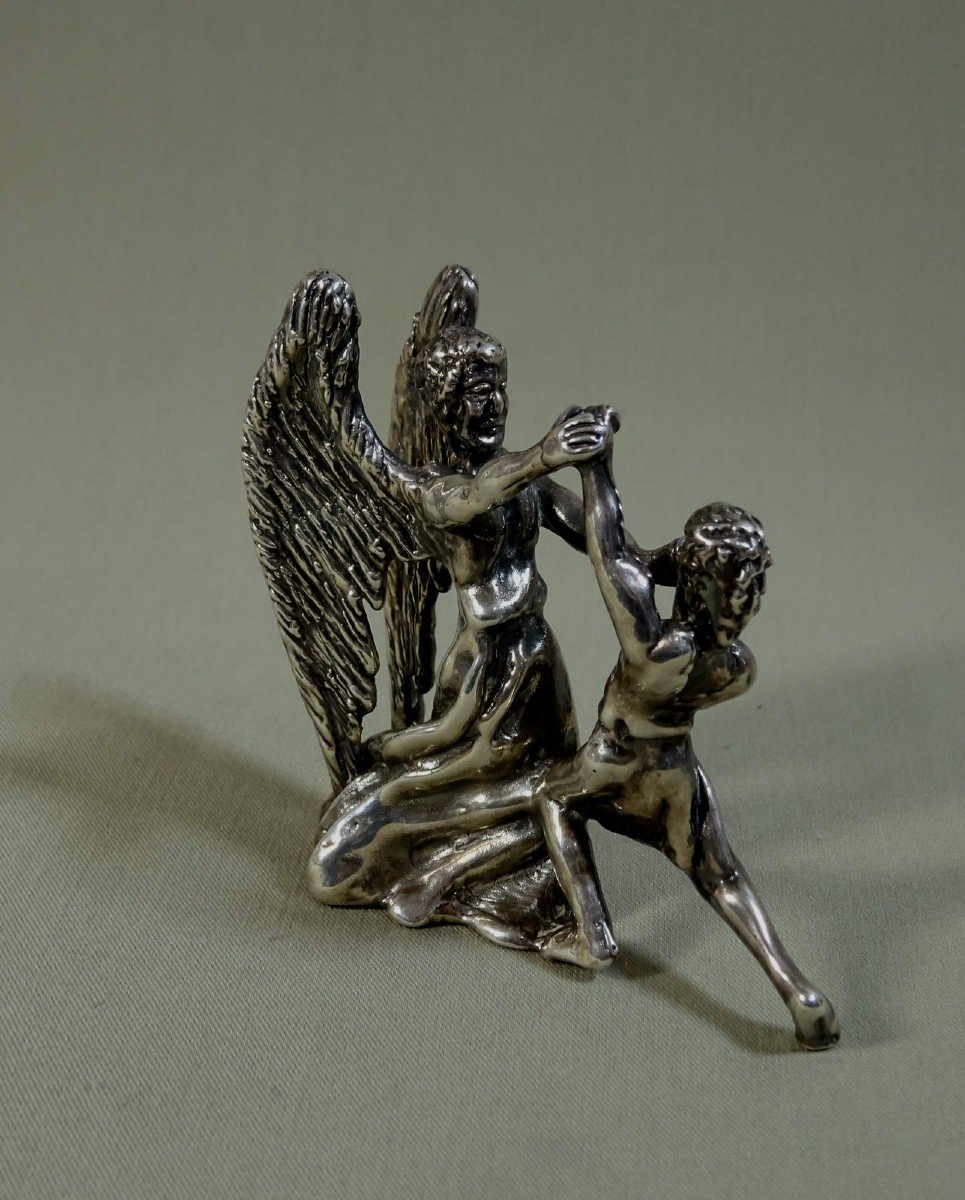 Judaica Sculpture Statuette In Silver, Fight Of Jacob Israel With The Angel, Lost Wax Casting, Possible Work Of The Duchess Of Uzès-photo-2