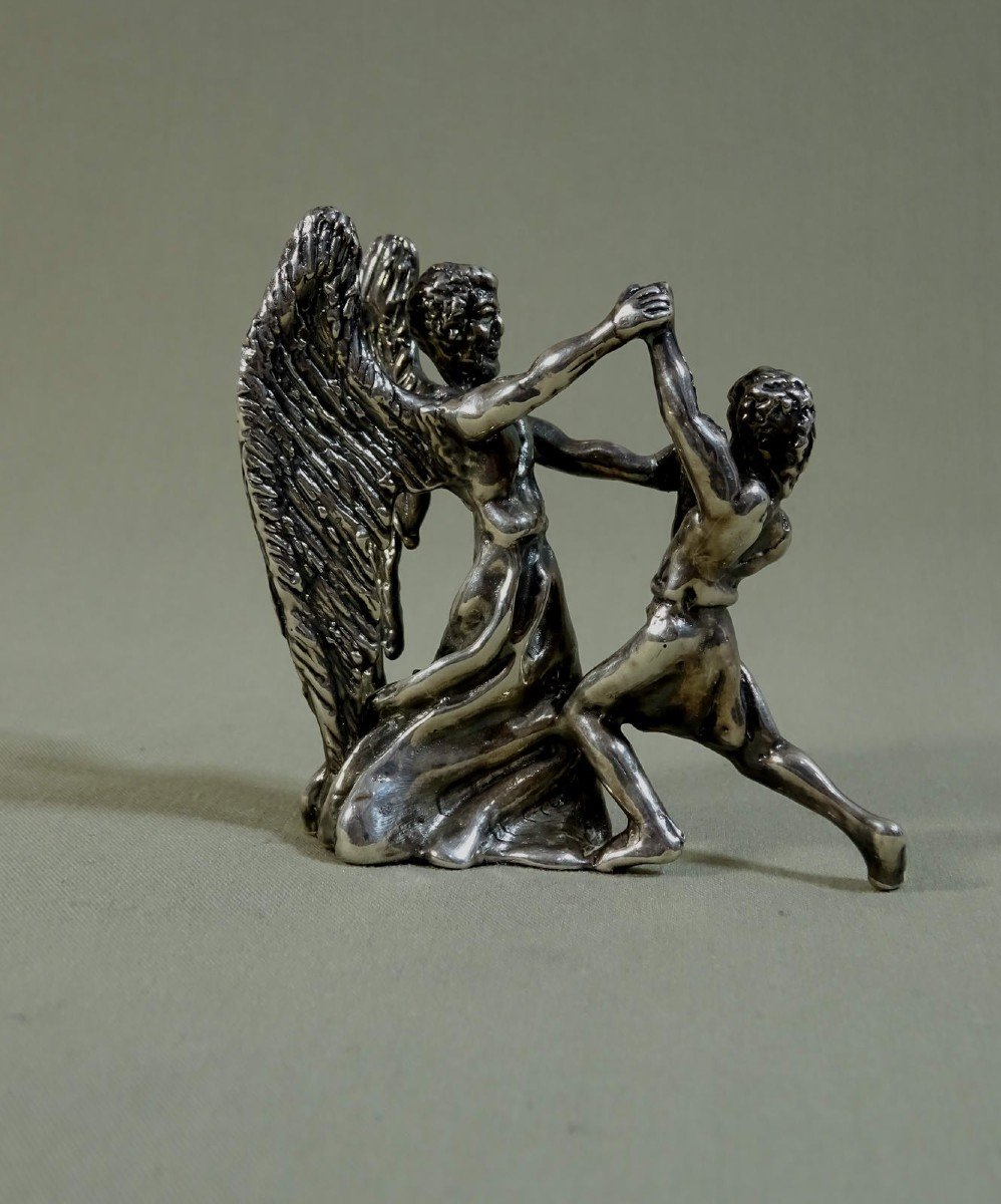 Judaica Sculpture Statuette In Silver, Fight Of Jacob Israel With The Angel, Lost Wax Casting, Possible Work Of The Duchess Of Uzès-photo-3
