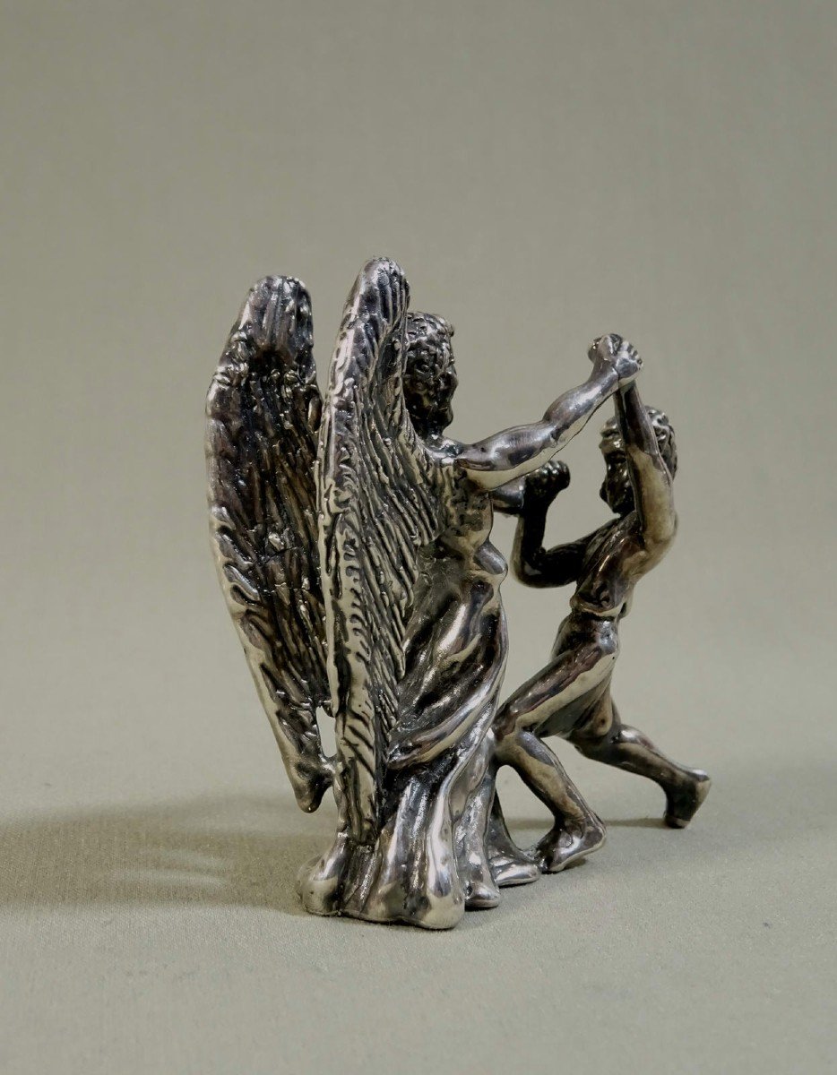 Judaica Sculpture Statuette In Silver, Fight Of Jacob Israel With The Angel, Lost Wax Casting, Possible Work Of The Duchess Of Uzès-photo-5