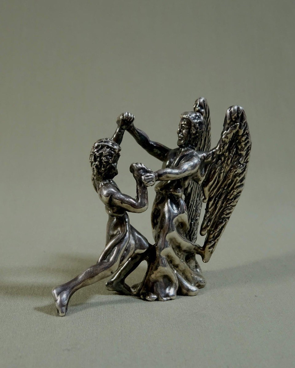 Judaica Sculpture Statuette In Silver, Fight Of Jacob Israel With The Angel, Lost Wax Casting, Possible Work Of The Duchess Of Uzès-photo-6