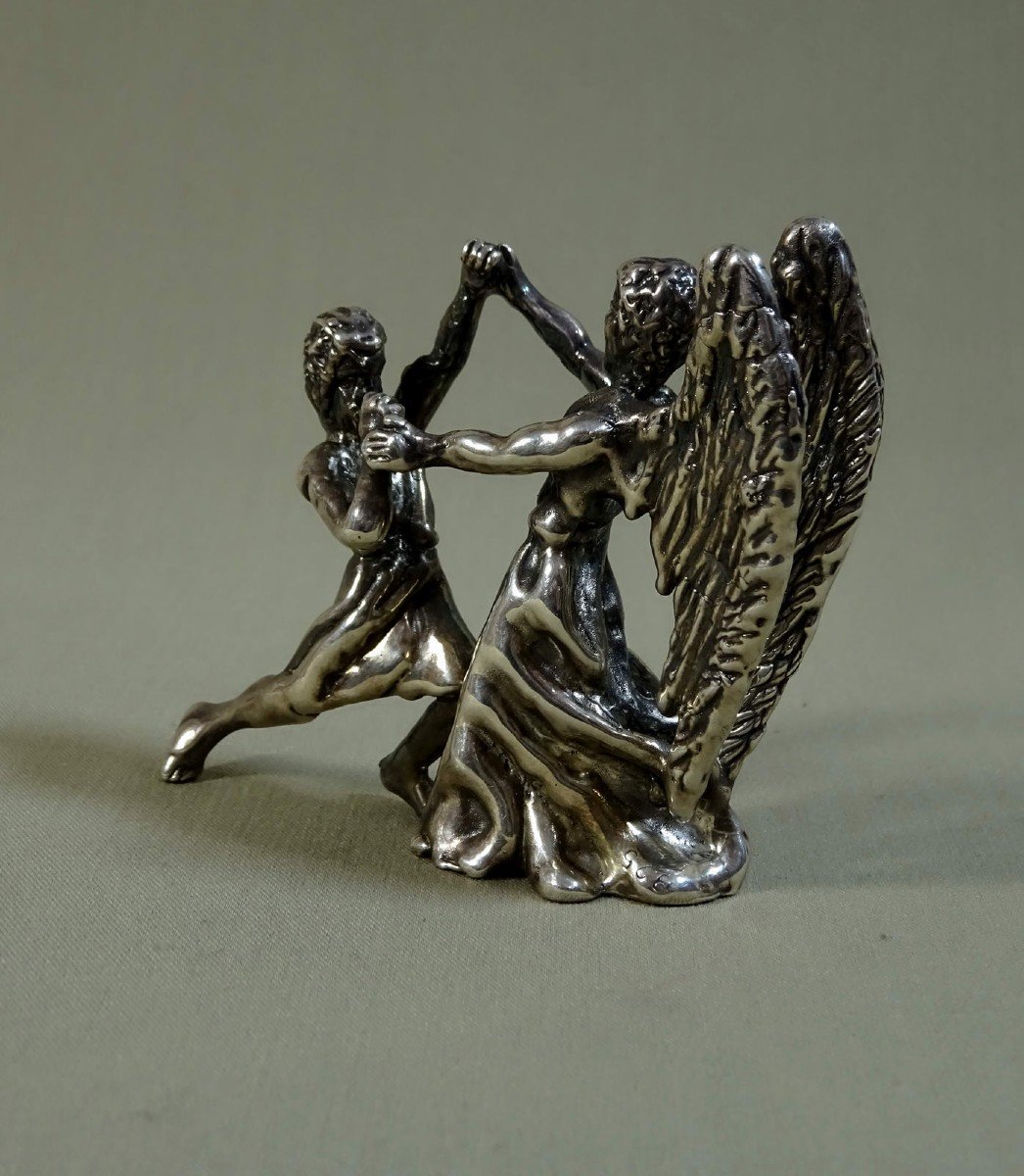 Judaica Sculpture Statuette In Silver, Fight Of Jacob Israel With The Angel, Lost Wax Casting, Possible Work Of The Duchess Of Uzès