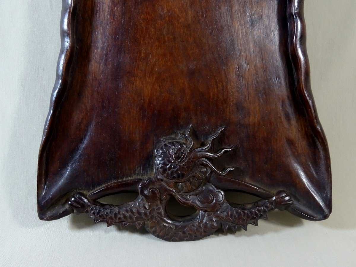 China Late Nineteenth Century, Carved Wooden Tray With Dragon Decor In The Clouds-photo-2