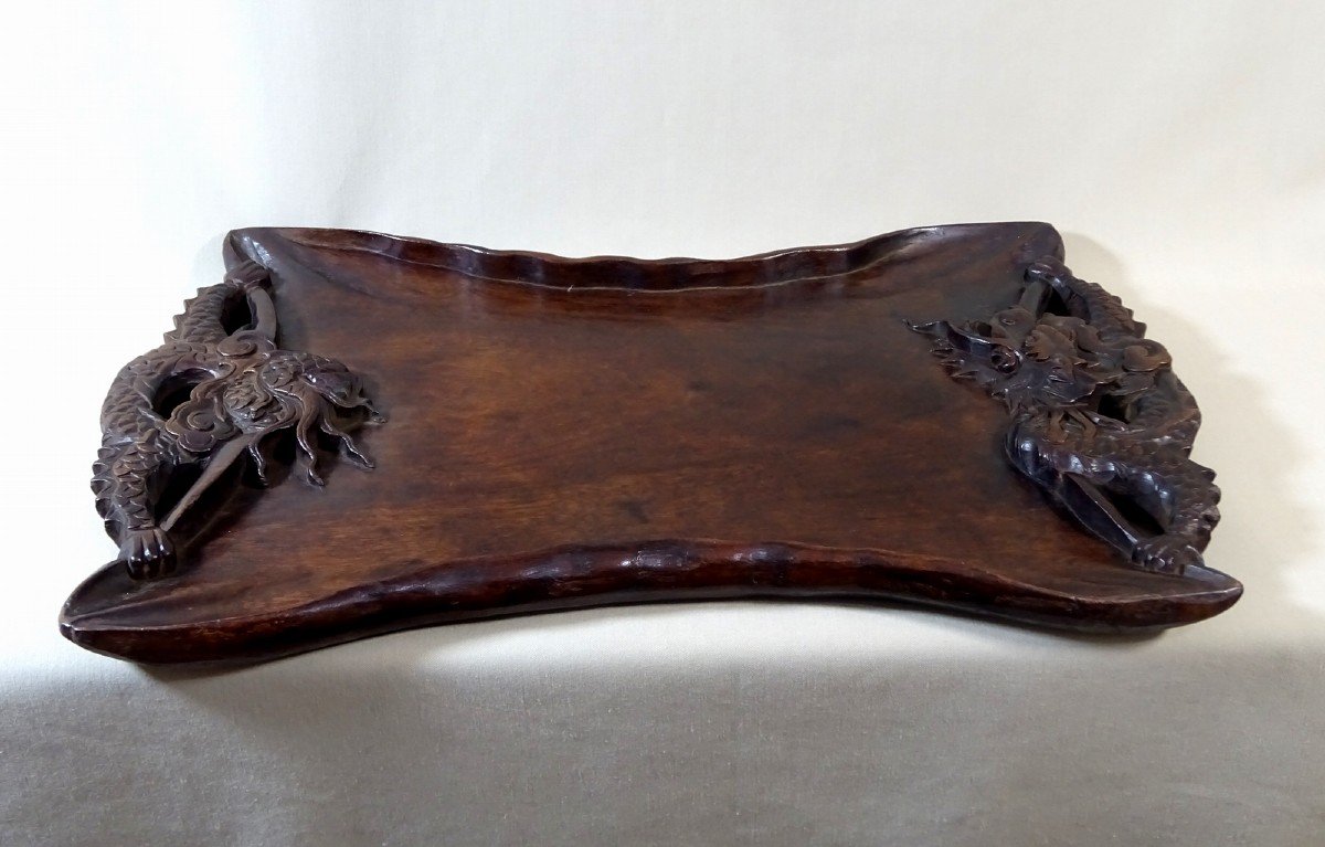 China Late Nineteenth Century, Carved Wooden Tray With Dragon Decor In The Clouds-photo-4