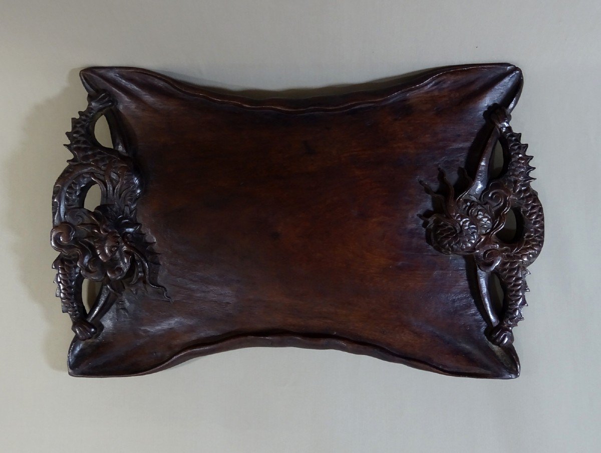 China Late Nineteenth Century, Carved Wooden Tray With Dragon Decor In The Clouds-photo-1