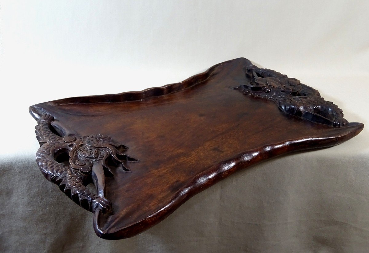 China Late Nineteenth Century, Carved Wooden Tray With Dragon Decor In The Clouds-photo-4