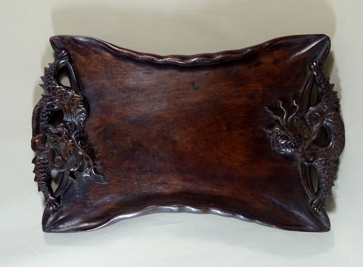 China Late Nineteenth Century, Carved Wooden Tray With Dragon Decor In The Clouds-photo-5