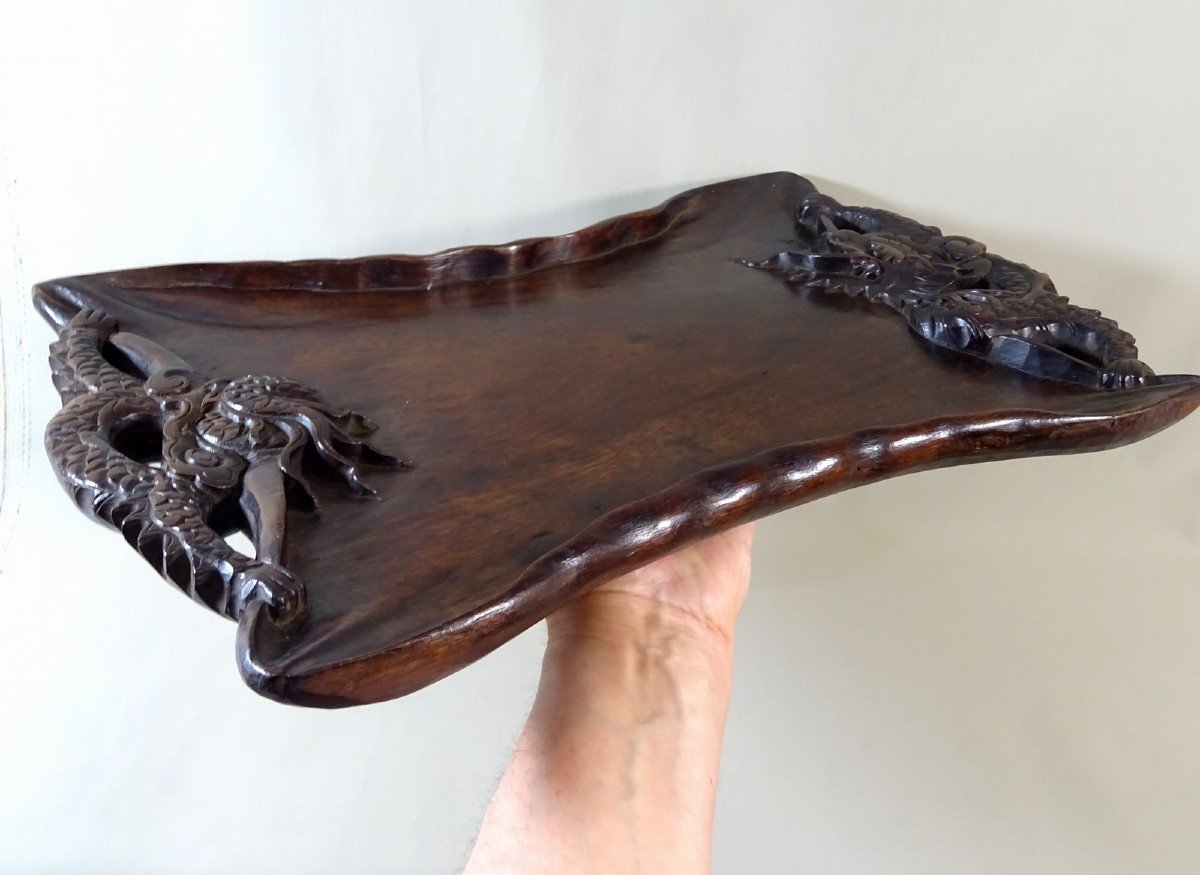 China Late Nineteenth Century, Carved Wooden Tray With Dragon Decor In The Clouds-photo-6