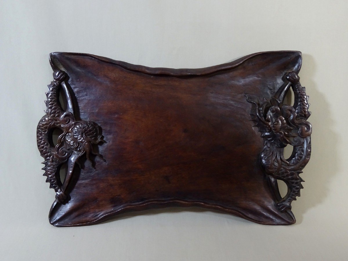 China Late Nineteenth Century, Carved Wooden Tray With Dragon Decor In The Clouds-photo-7