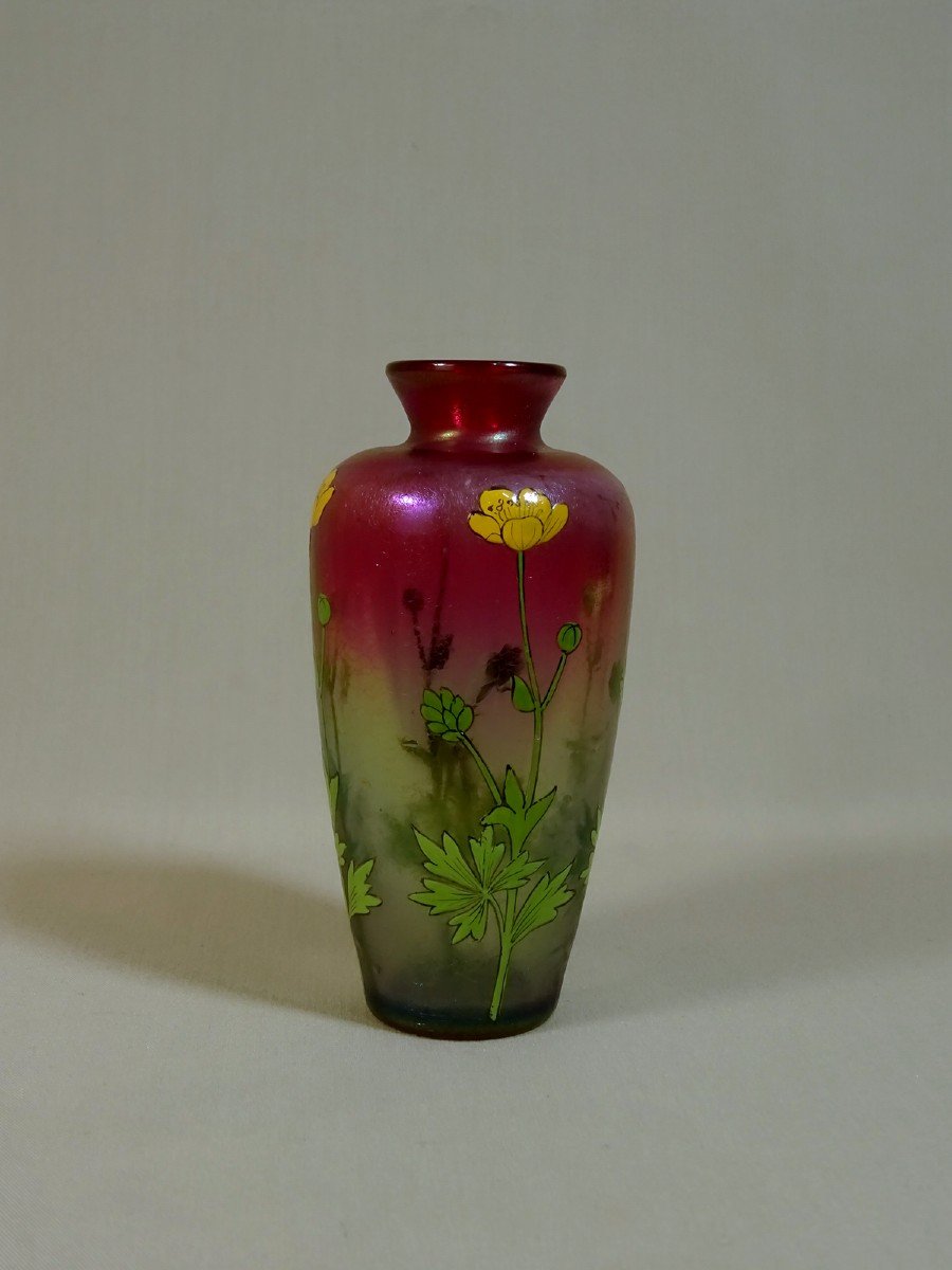 Fritz Heckert,  Art Nouveau Period Vase In Iridescent Blown Glass & Buttercups Enamel Decor, Circa 1900-photo-8