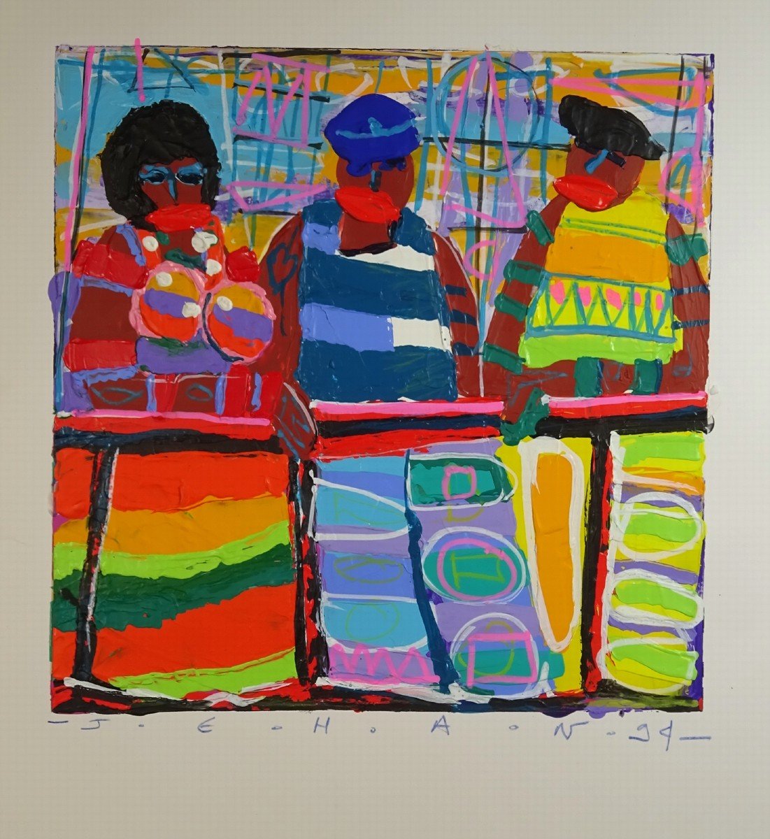 Christophe Jehan, Market Scene On The Port In The Caribbean, Acrylic Painting On Cardboard, Signed And Dated-photo-3