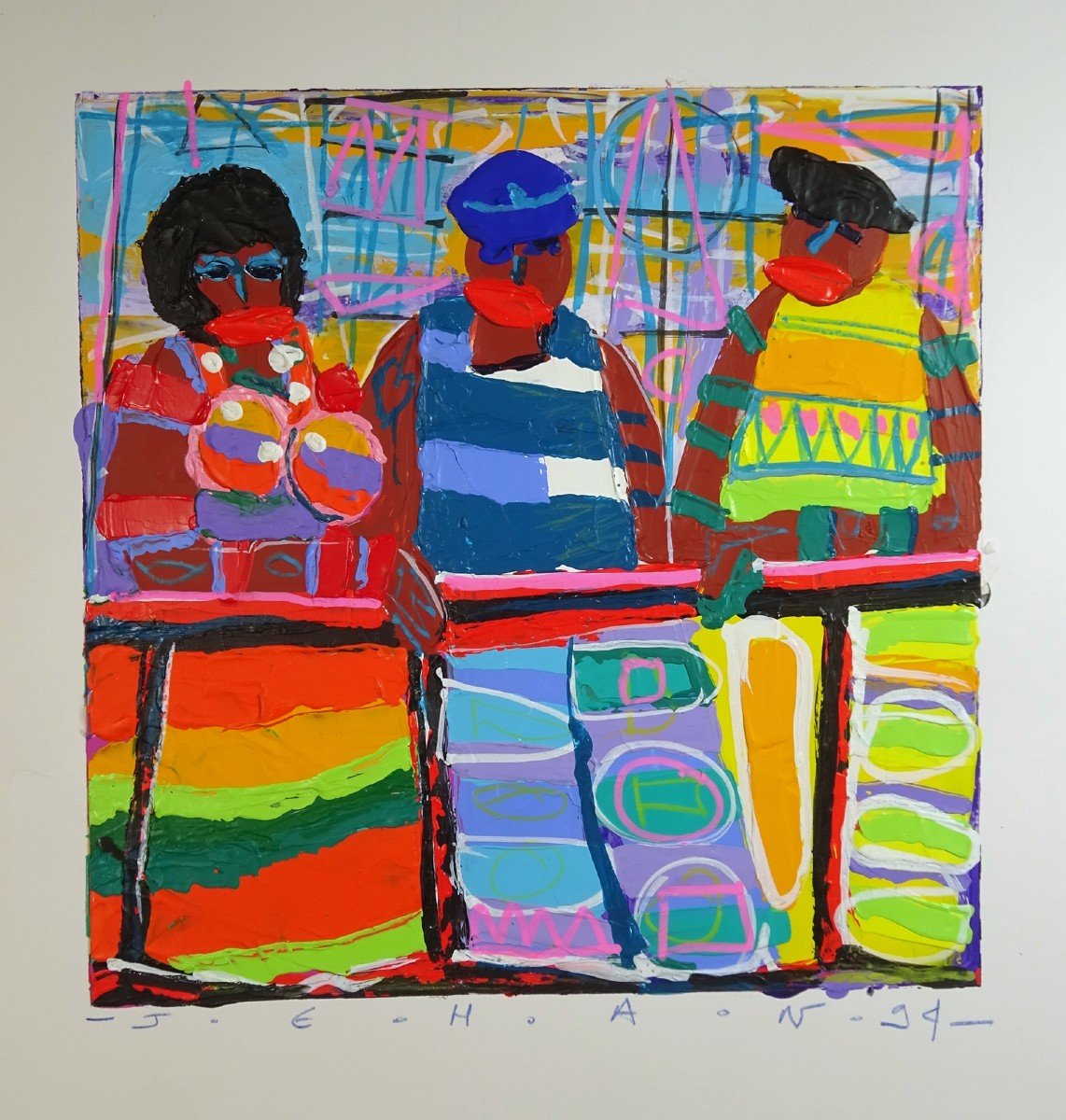 Christophe Jehan, Market Scene On The Port In The Caribbean, Acrylic Painting On Cardboard, Signed And Dated-photo-1