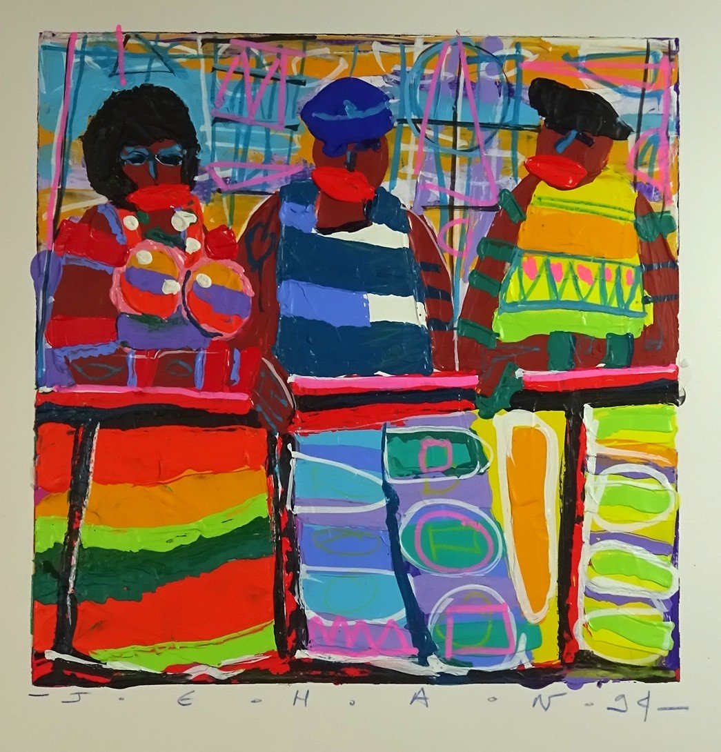 Christophe Jehan, Market Scene On The Port In The Caribbean, Acrylic Painting On Cardboard, Signed And Dated