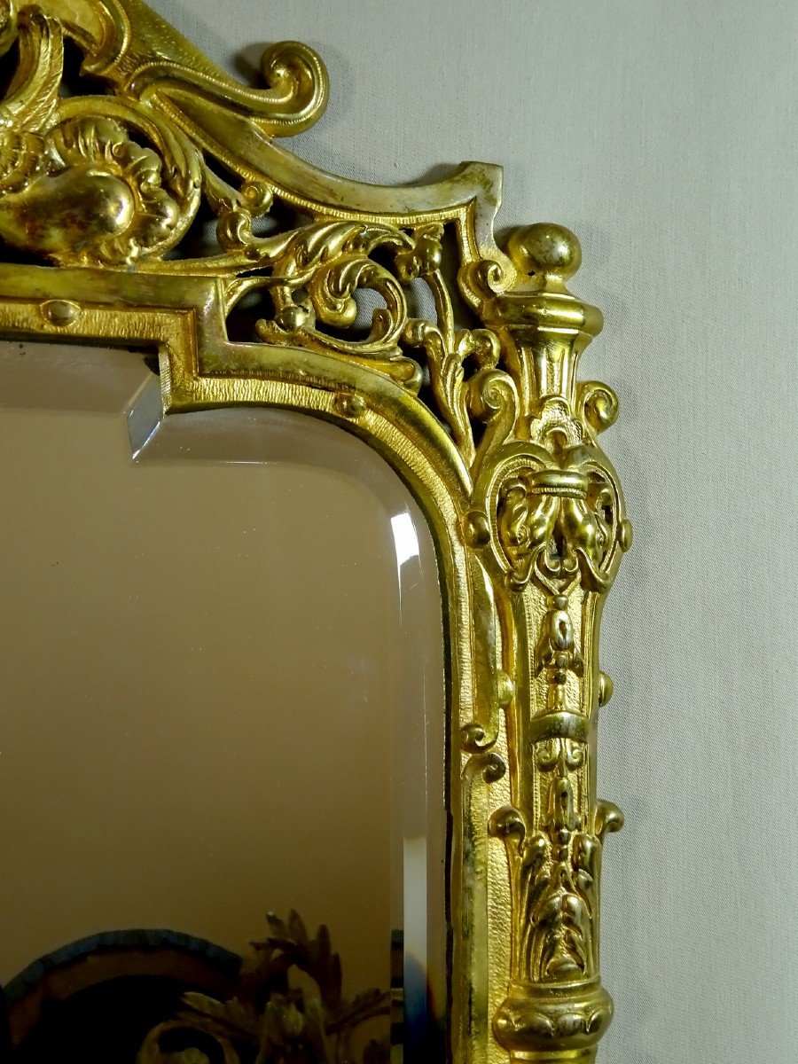 Miroir Du XIXeme Siècle En Bronze Doré, Beau Modèle De Style Baroque à Fronton Aux Sphinges Ailées Et Mascarons-photo-7