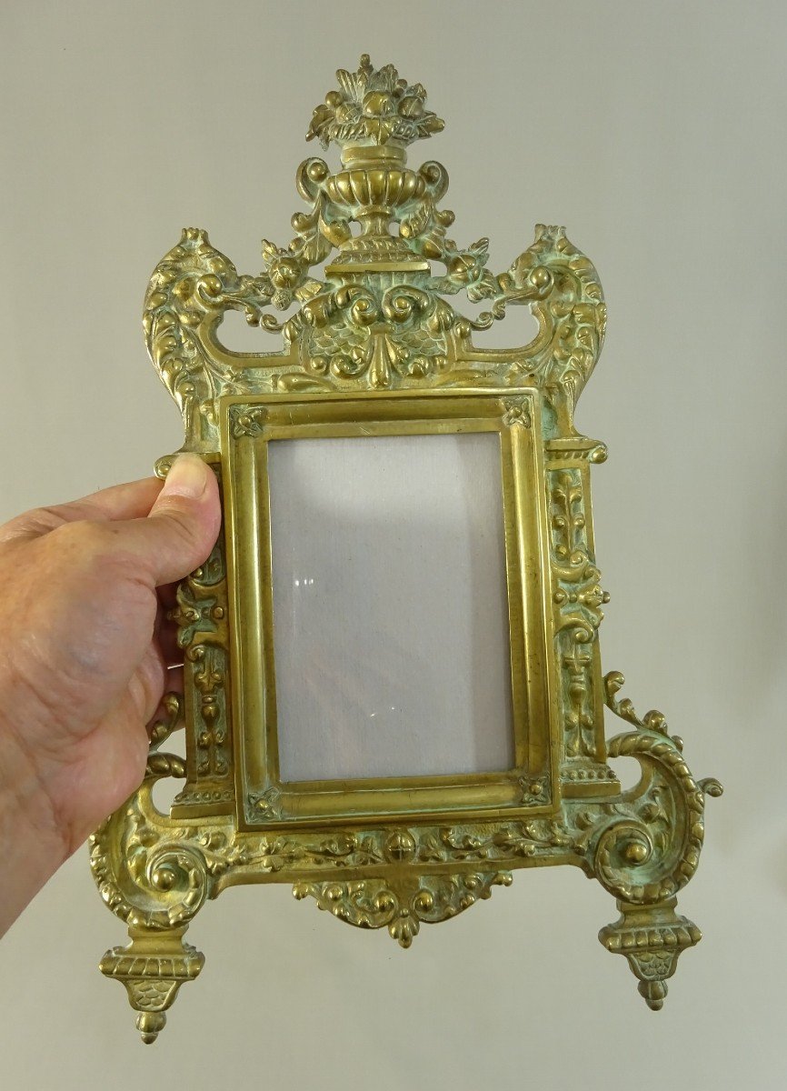 Bronze Frame Or Easel Type Photo Frame With Floral Vase, Chimeras, Scrolls, Volutes Etc. XIXth Century-photo-3