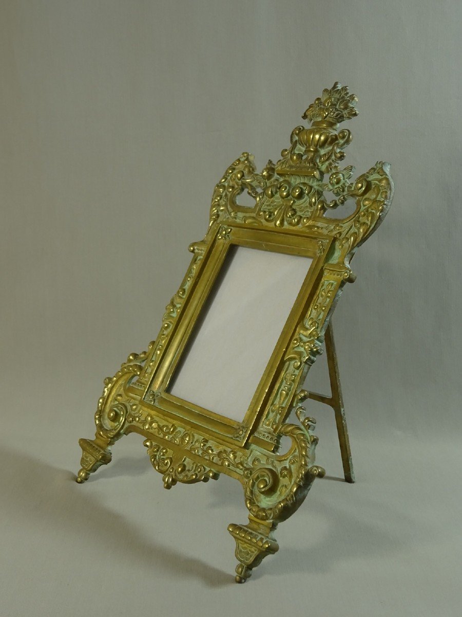 Bronze Frame Or Easel Type Photo Frame With Floral Vase, Chimeras, Scrolls, Volutes Etc. XIXth Century-photo-4