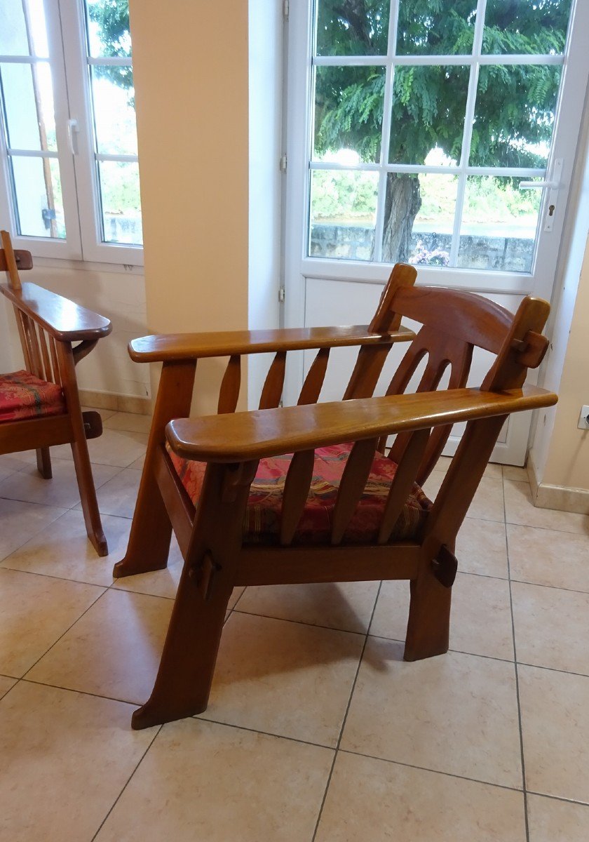 Paire De Rares Fauteuils Brutaliste Vintage En Bois Massif, Vers 1950-1960 dans  le Style Art And Craft ou Pierre Chapo-photo-2