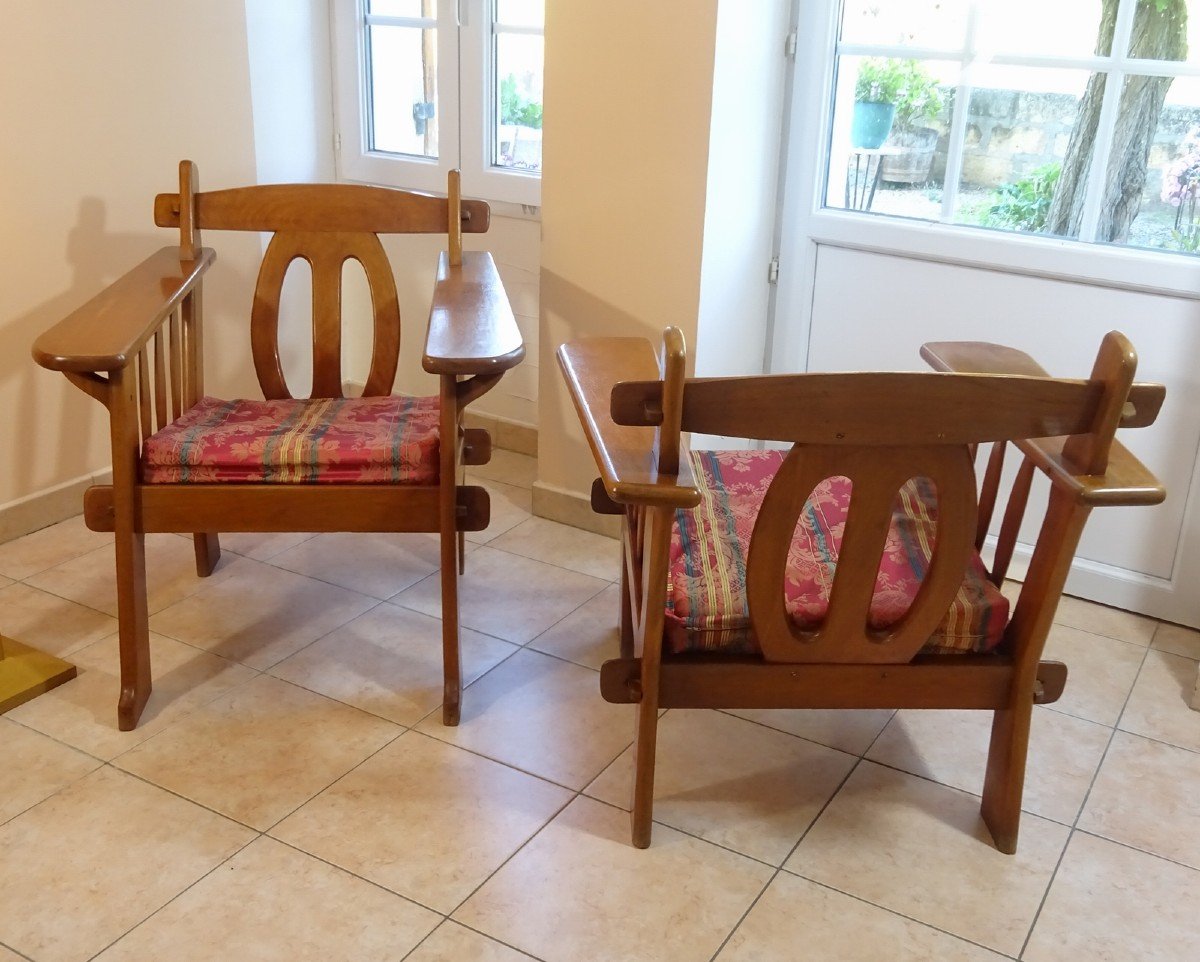 Paire De Rares Fauteuils Brutaliste Vintage En Bois Massif, Vers 1950-1960 dans  le Style Art And Craft ou Pierre Chapo-photo-4