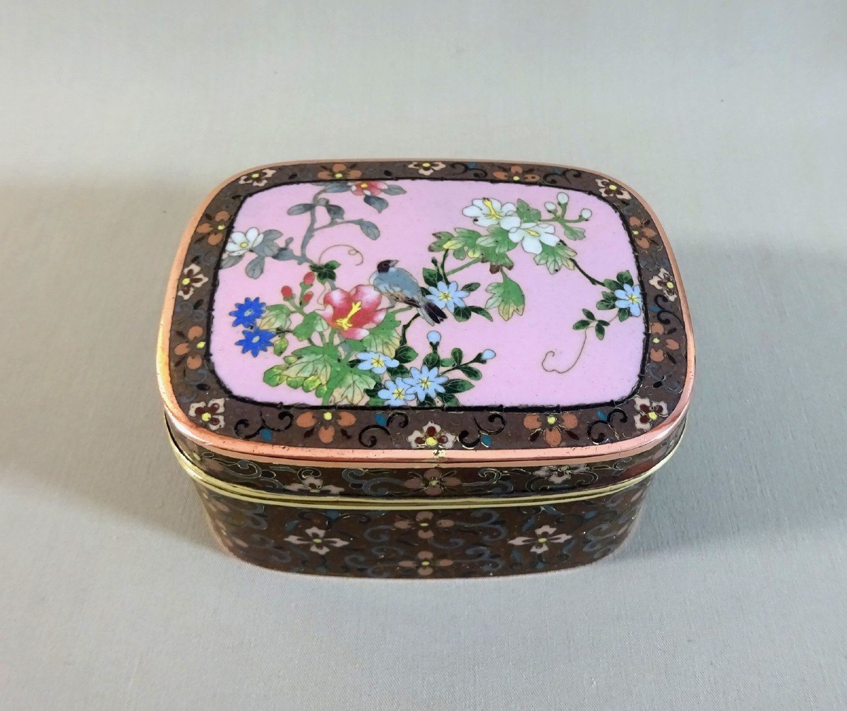 Japan 19th Century Meiji Era, Copper Cushion Box Or Jewel Case Decorated With Cloisonné Enamel