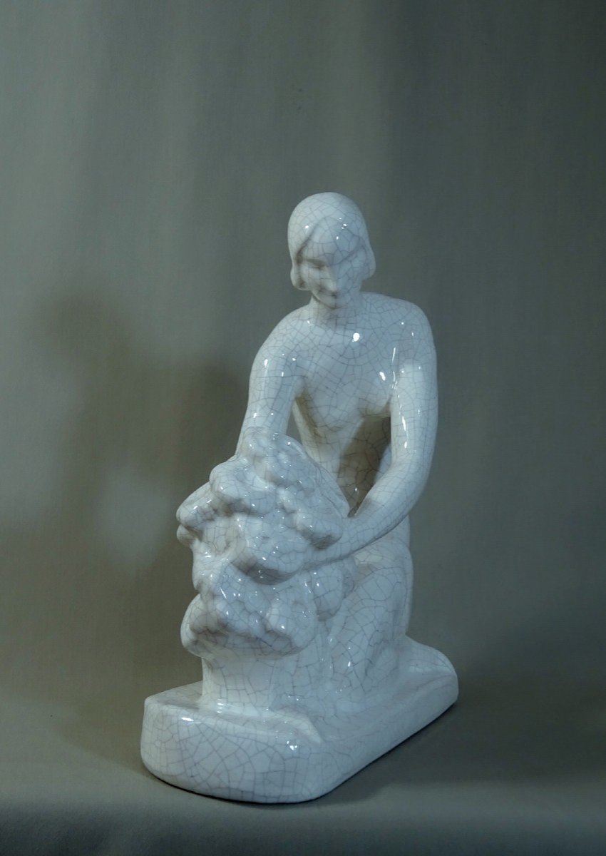 Statuette Sculpture En Faïence Craquelée, Epoque Art Déco, Jeune Femme à La Garçonne, Vers 1925-photo-6