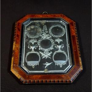 Early 19th Century Witch Mirror With Pastilles Engraved With Birds, Quiver, Etc