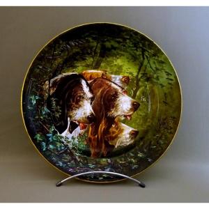 Hippolyte Gide, XIXth Century, Painted Dish Of A Hunting Scene, Group Portrait Of Hounds, Or Pack Dogs