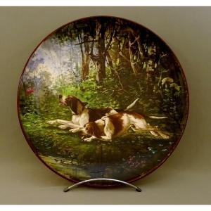 Hippolyte Gide, XIXth Century, Dish Painted With A Hunting Scene With Hounds, Or Packs, Venery