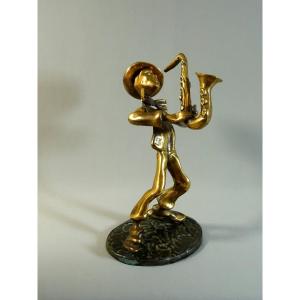 Yves Lohé, Bronze Statuette Or Sculpture, Musician The Saxophonist, Saxophone Player, 20th Century, Signed