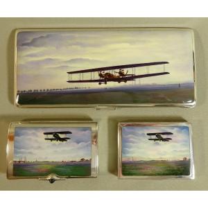 Old Aviation, World War Biplane, Three Box Silver Enamel To Décor Aircraft, Cigarettes Cases, Snuffbox, Business Card Case, Louis Kuppenheim