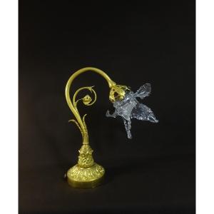 Lampe à Poser Ou de Bureau du XIXeme Siècle , Bronze Doré & Abat-jour Diffuseur Fleur en Verre Soufflé