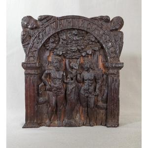 16th Century Flanders, Low Relief Carved Oak Panel, Adam And Eve Or The Original Sin