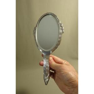 Beautiful Singular Model Of Art Deco Hand-faced Mirror, Circa 1925-30, In Silver Metal