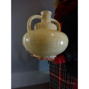 Important Vase en Céramique Craquelée, Singulier Modèle d'Epoque Art-déco, Non Identifiée