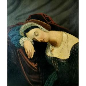 Tableau Peinture Huile sur Toile d'Epoque Empire , Début du XIXème Siècle,  Jeune Femme de Qualité Pensive
