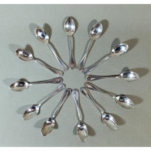 Service Of Twelve Small Moka Coffee Spoons In Silver Metal, Decorated With Beaded Lines