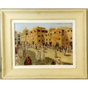 Peinture Huile Orientaliste du Peintre Schmidt, Réputé pour Ses œuvres du Sujet, Rue très Animée au Maroc