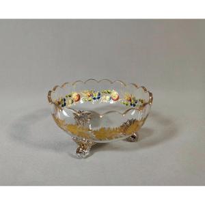 Baccarat, Tripod Cup In Cut & Engraved Glass, Floral Garland, Decorated With Gold And Polychromy