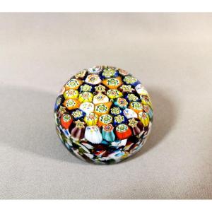 Murano Italy, Old Sulphide Or Glass Paperweight With Millefiori Decor