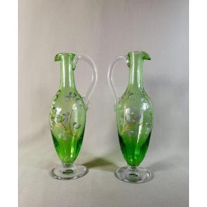 Pair Of Art Nouveau Period Jug Ewers, Naturalist Mistletoe Enamelled Decor 