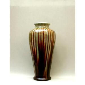 Important Antique Baluster Vase With Celadon Green And Nuanced Caramel Brown Marbled Decor