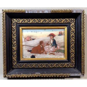 Small Painting From The 19th Century, Oil S/panel, Le Tréport Seaside, Elegant On The Beach