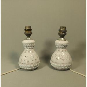 Aldo Londi Pour Bitossi, Paire Lampes Vintage Céramique, Décor à La Roulette & Scarifié, Italie