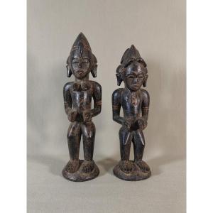 Côte d'Ivoire, Paire Statuettes Senufo Anciennes, Couple Personnages Bois, Art tribal Africain