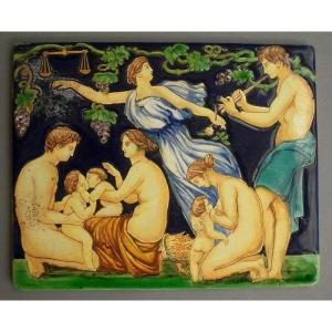 Italy, Urbino, Montelupo, Small Majolica Plaque Decorated With Bacchanalia, God Pan, Etc.