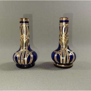 Art Nouveau Jugendstil Glass, Pair Of Miniature Vases, Sapphire Blue Glass With Rings & Gold Decoration