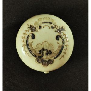 Small Round Box,  Ivory Engraved With Foliage, Flowers, Decorated In Gold And Silver